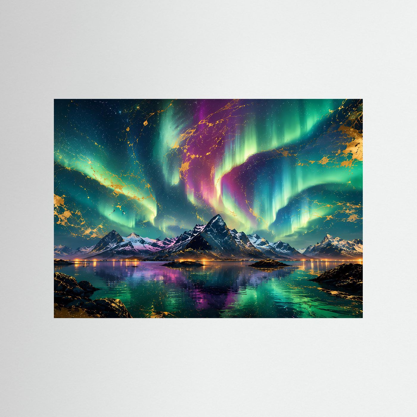 Nordlichter Poster | Aurora Borealis über Bergen | Abstrakte Landschaftskunst mit Gold | Polarlichter Wandbild | Premium Leinwand & Moderne Wall Art