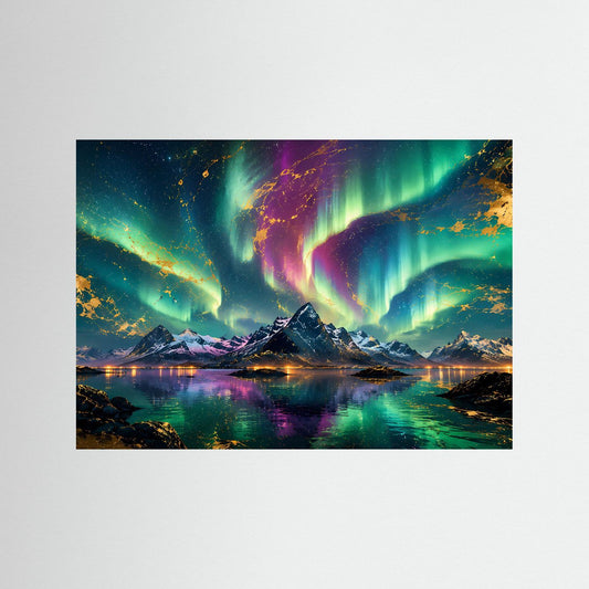 Poster mit Polarlichtern über Bergen und spiegelndem See in türkis, grün und violett