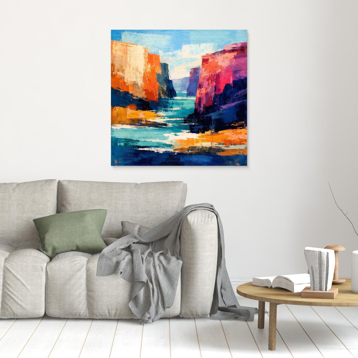 Gerahmtes abstraktes Wandbild mit Canyon-Felsen am Fluss, Blau-Orange, brauner Rahmen