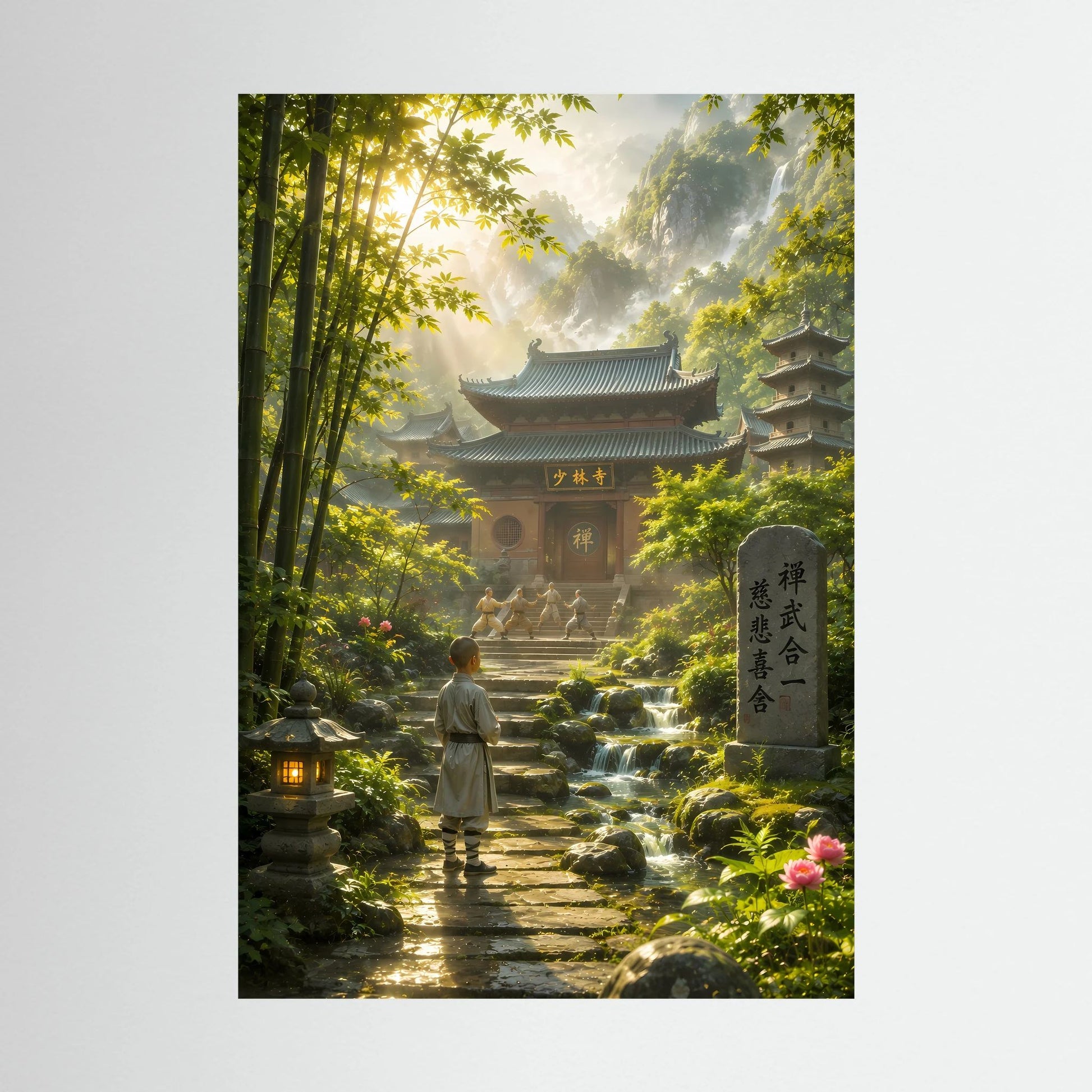 Poster im Hochformat mit Bambuswald-Motiv: Tempelpavillon, Mönch und Blumenbeete