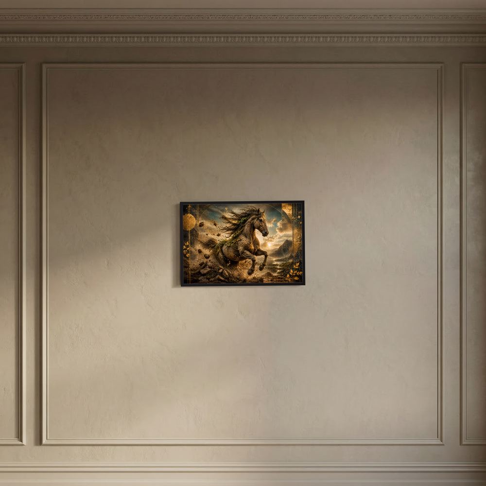 Wandbild im Querformat mit wildem Pferd, goldbraunes Motiv, schwarz gerahmt