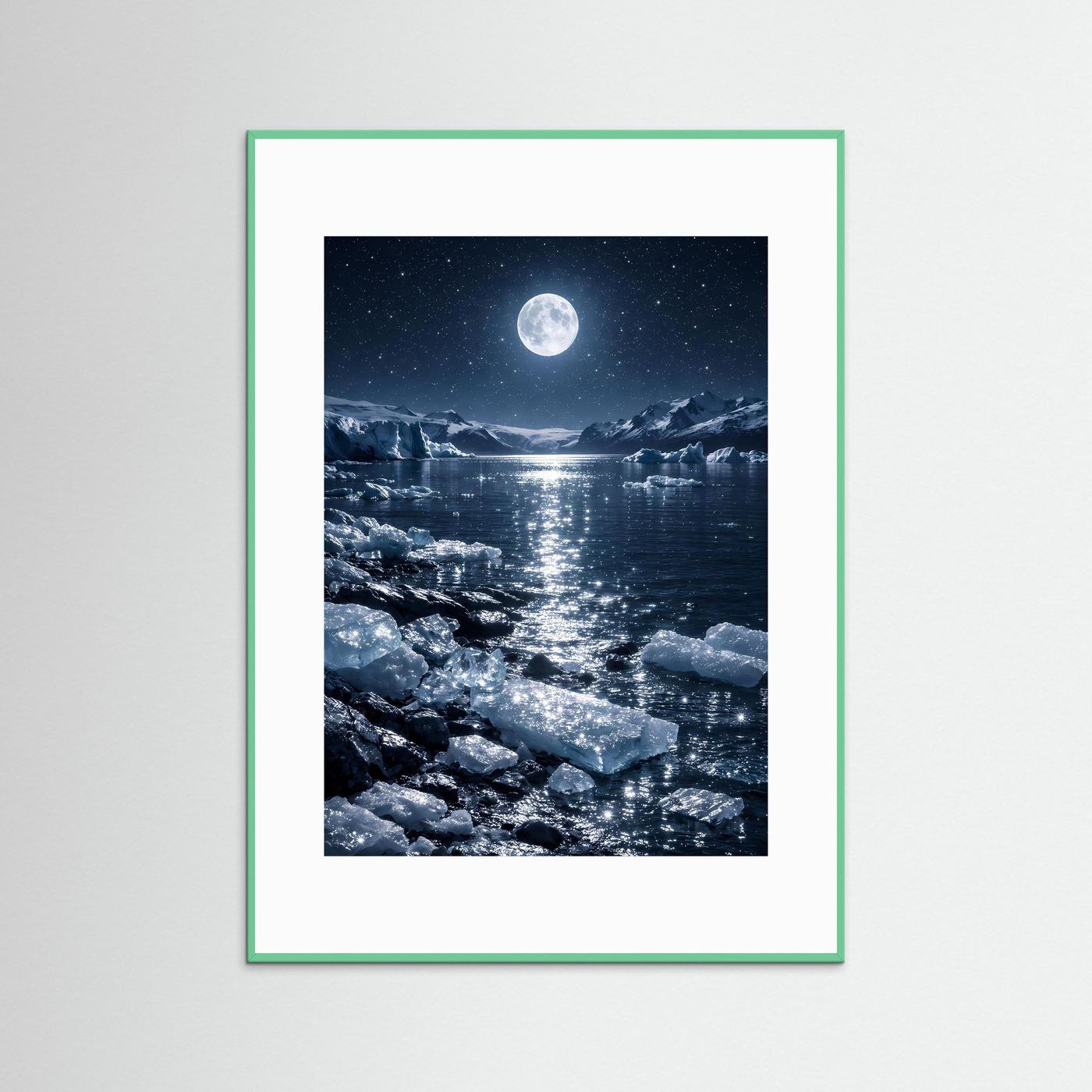 Wandbild mit mintfarbenem Rahmen, Vollmond über arktischem Meer und Eisschollen.