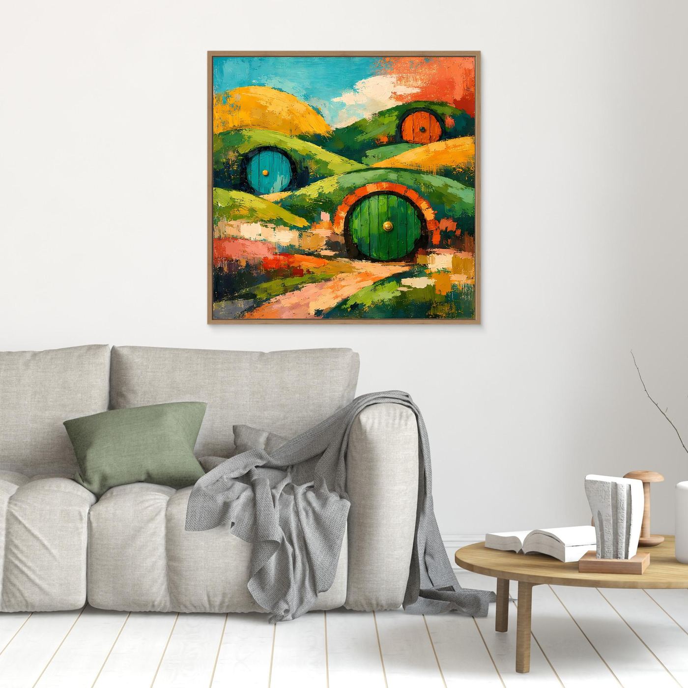 Leinwand-Wandbild mit abstrakter Hügellandschaft, grünen Türen und bunten Hügeln, brauner Rahmen