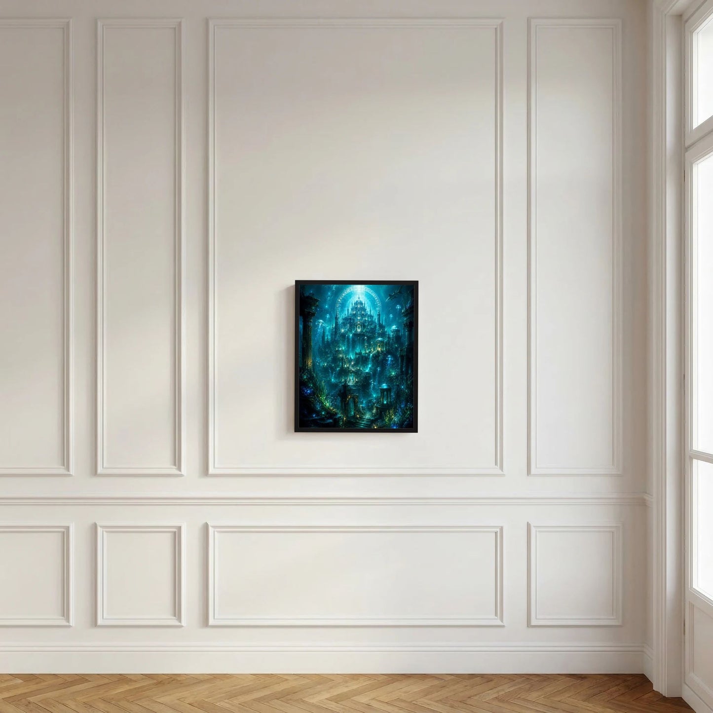 Hochformat-Poster mit blaugrünem Unterwasser-Tempel und funkelnden Lichtpunkten