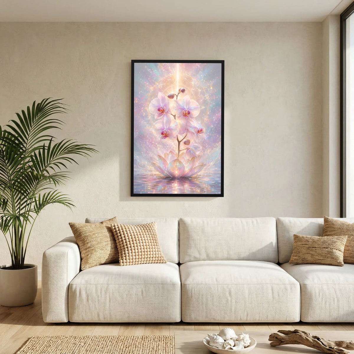 Hochformat-Poster mit Orchideen- und Lotusblüten in Pastell, Gold-Glanz, schwarzer Rahmen