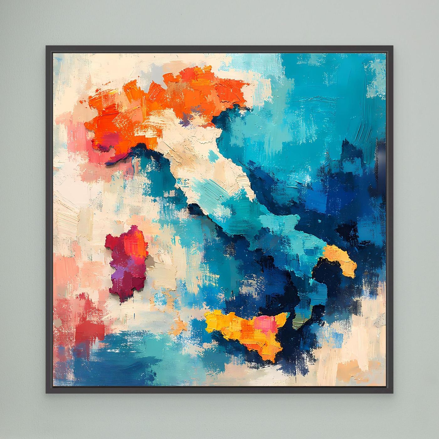 Abstract Italy map canvas wall art with black frame, blue and orange paint textures.