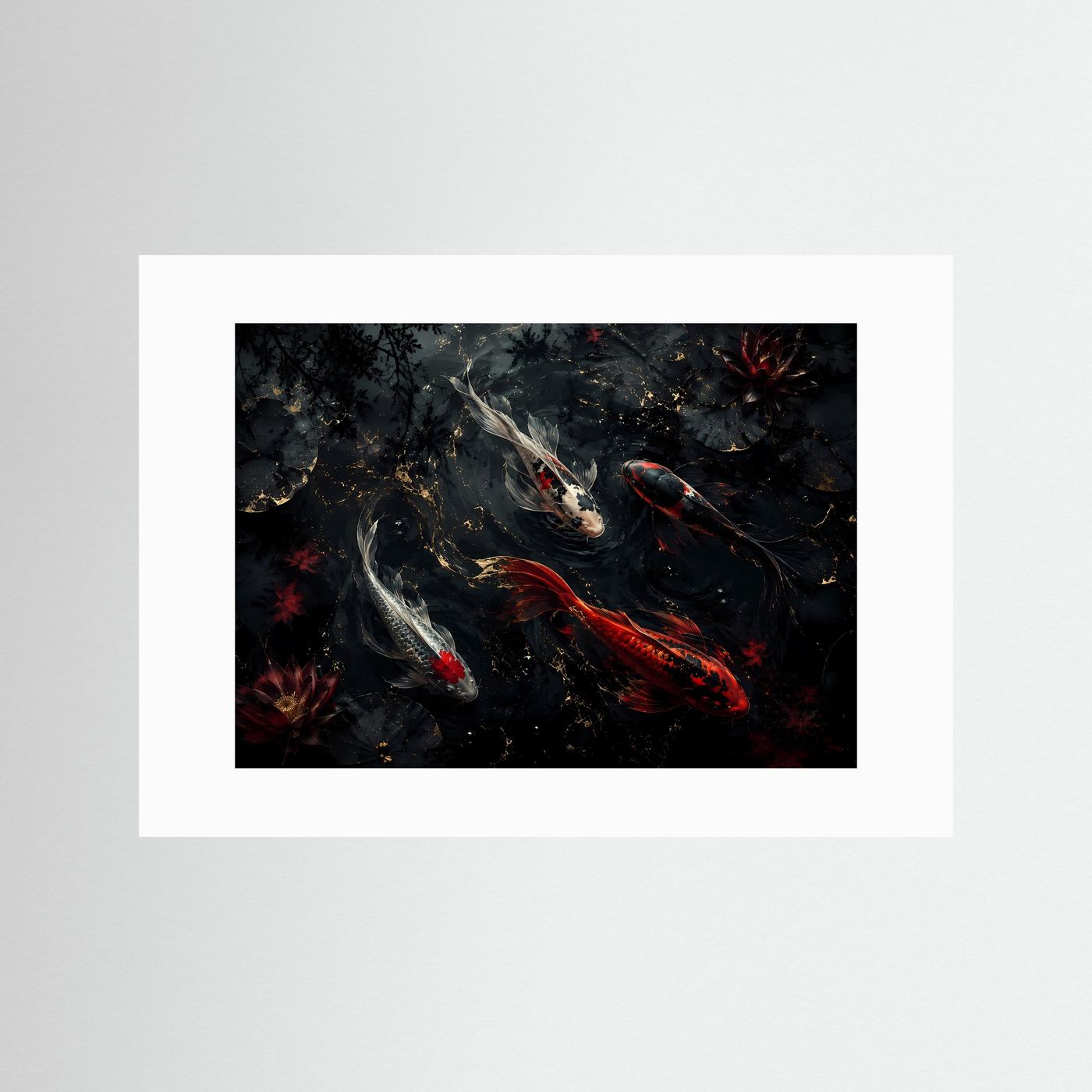 Koi-Karpfen im dunklen Lotus-Teich | Elegantes asiatisches Wandbild in Schwarz, Rot & Gold