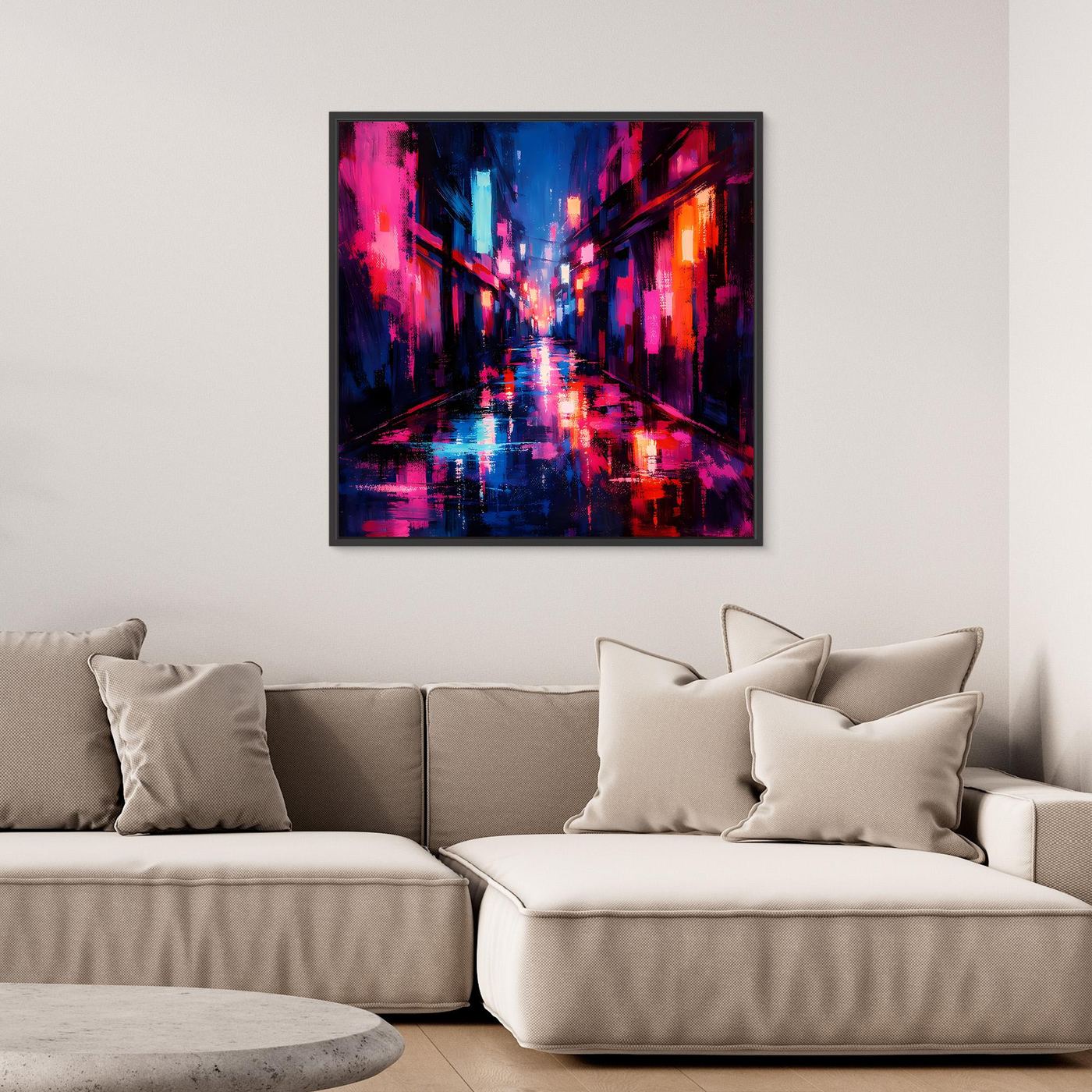 Leinwand Cyberpunk Nachtgasse im Regen | Modernes Neon Wandbild