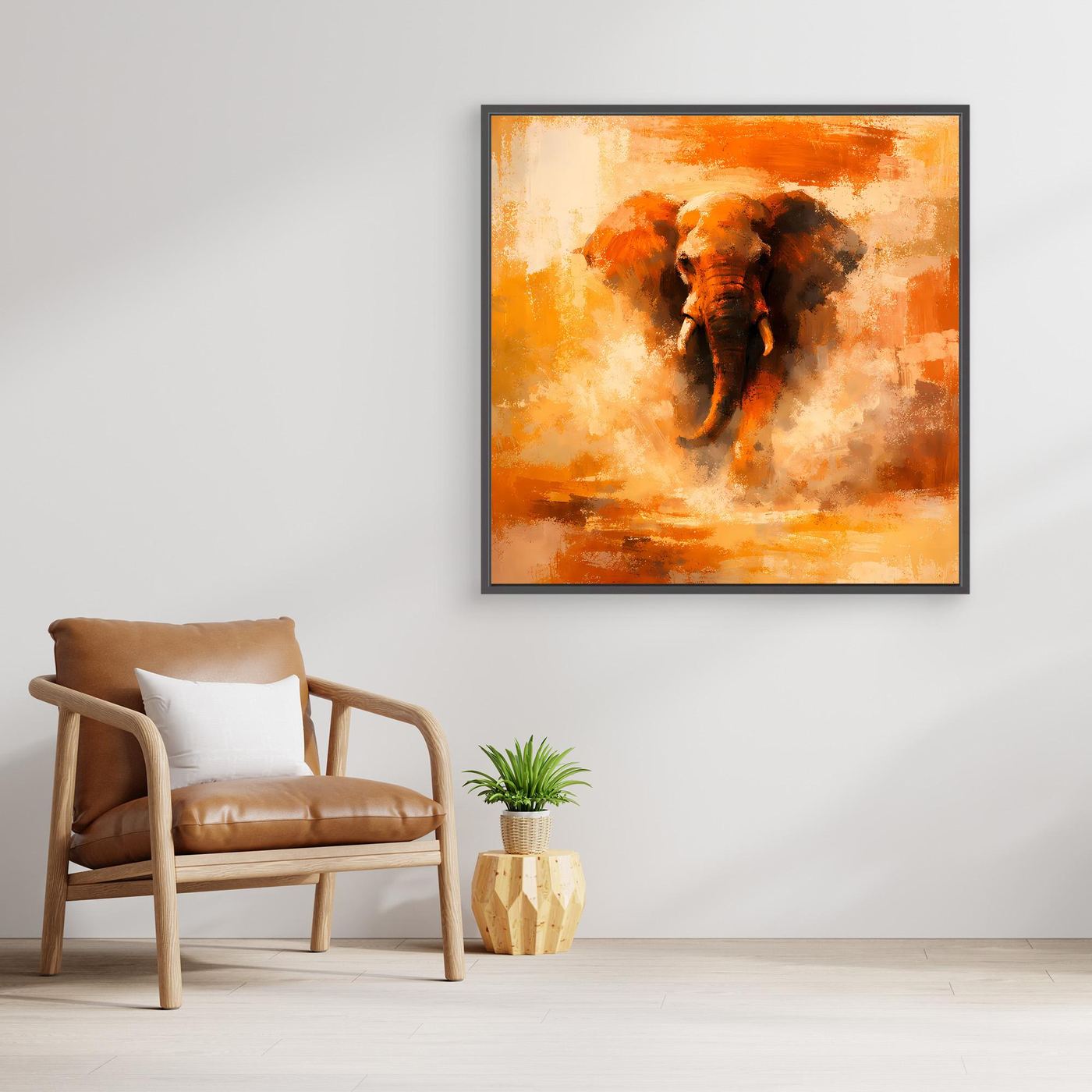 Leinwand Abstraktes Elefanten Gemälde | Modernes Kraftvolles Tier Wandbild Orange Ocker