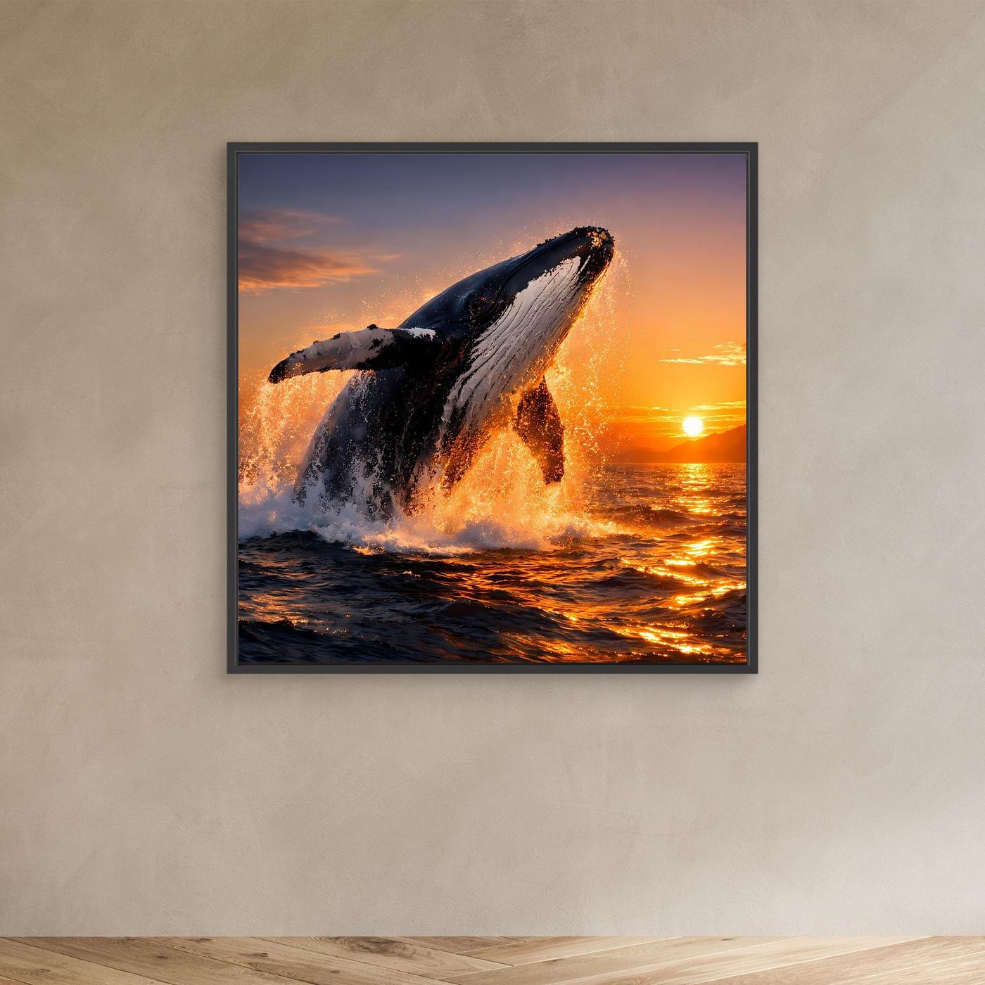 Kleines Leinwandbild mit springendem Buckelwal am Meer, im schwarzen Rahmen.