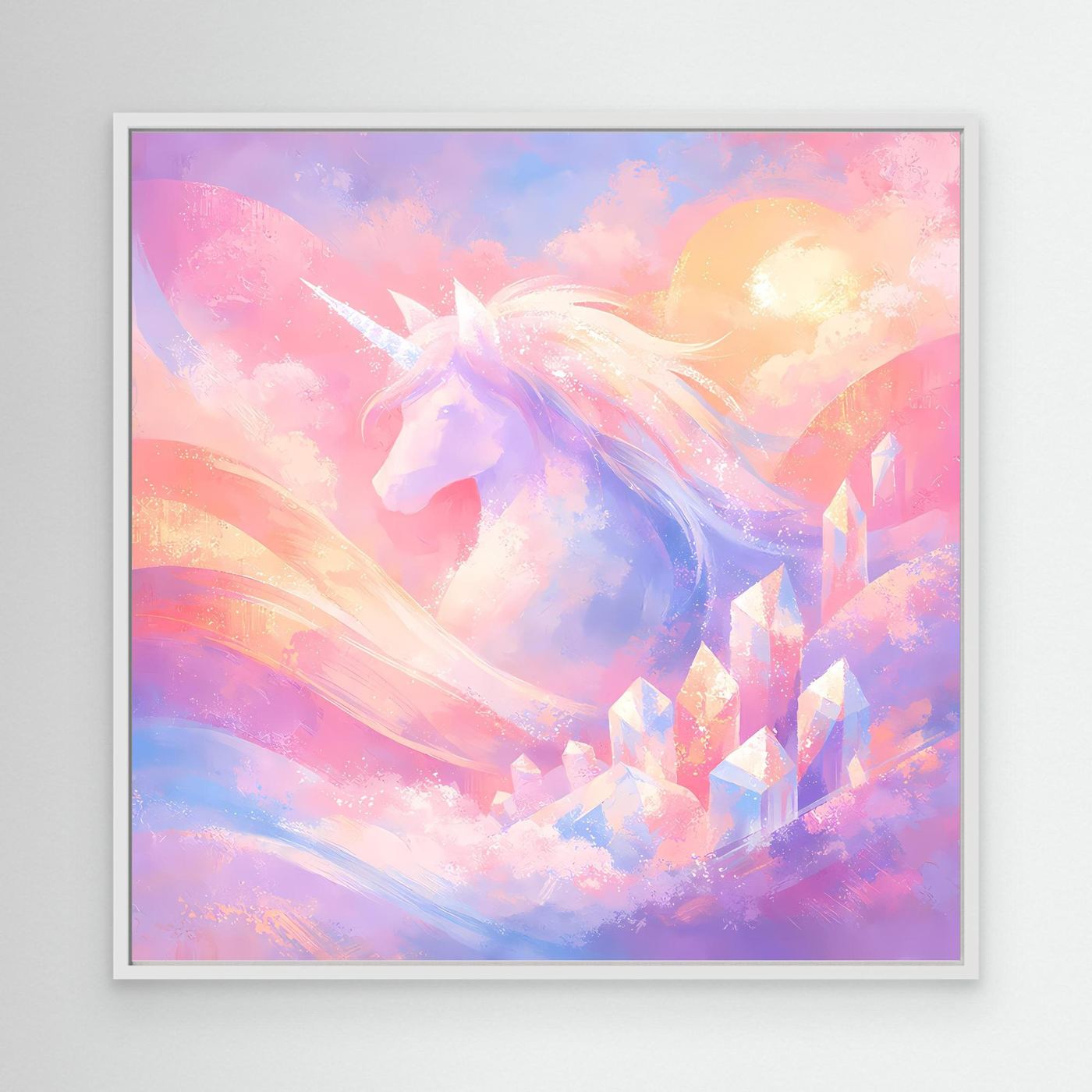 Leinwandbild mit pastellfarbenem Einhorn und Fantasy-Motiv, weißer Rahmen
