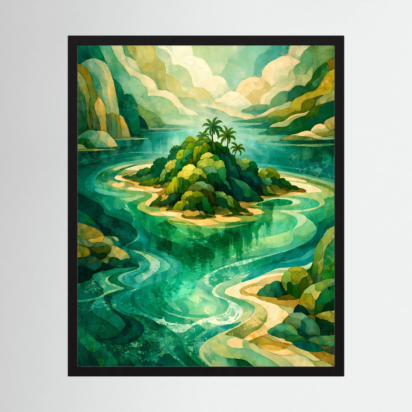 Hochformat-Poster mit abstrakter tropischer Insel in Türkis und Grün, schwarzer Rahmen