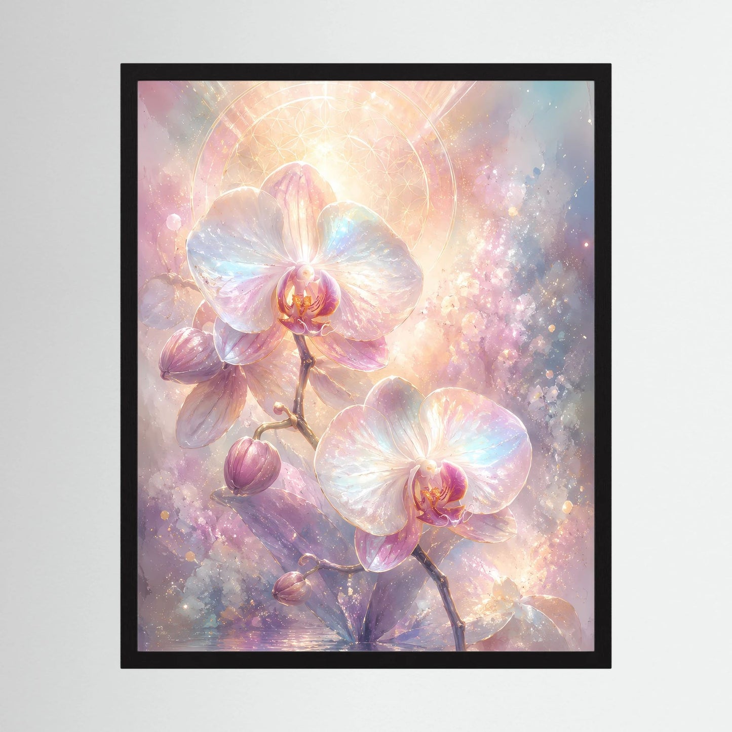 Gerahmtes Hochformat-Orchideenposter mit pastellfarbenen Orchideenblüten und leuchtendem Kreis-Motiv