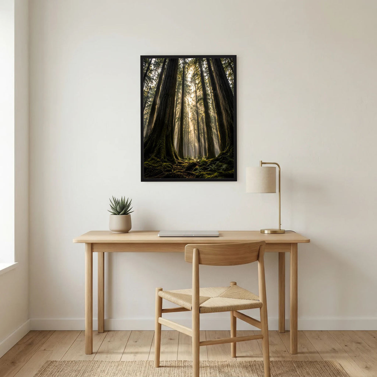 Wandposter mit Redwood-Wald, Sonnenlicht zwischen hohen Baumstämmen, schwarzer Rahmen.