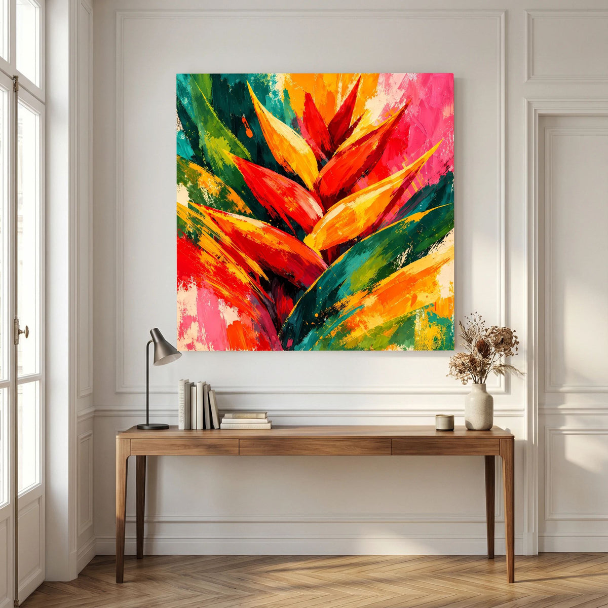 Leinwand Abstrakte Helikonie Blüte | Modernes Tropen Wandbild Bunt Exotisch
