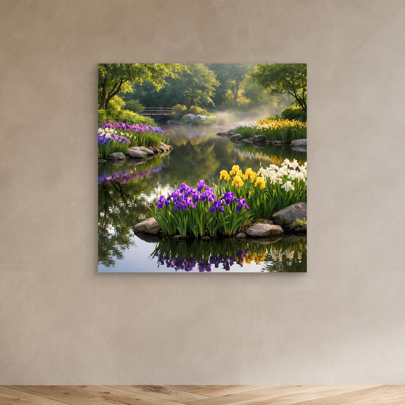 Leinwandbild Irisgarten am Teich mit lila, gelben und weißen Blüten, Steinen und Spiegelung.