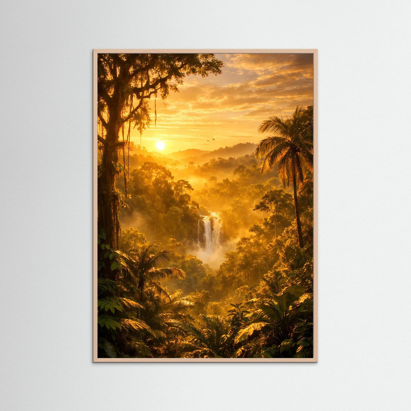 Hochformatiges Dschungel-Poster mit Wasserfall im Sonnenuntergang, rosafarbenes Holzrahmen
