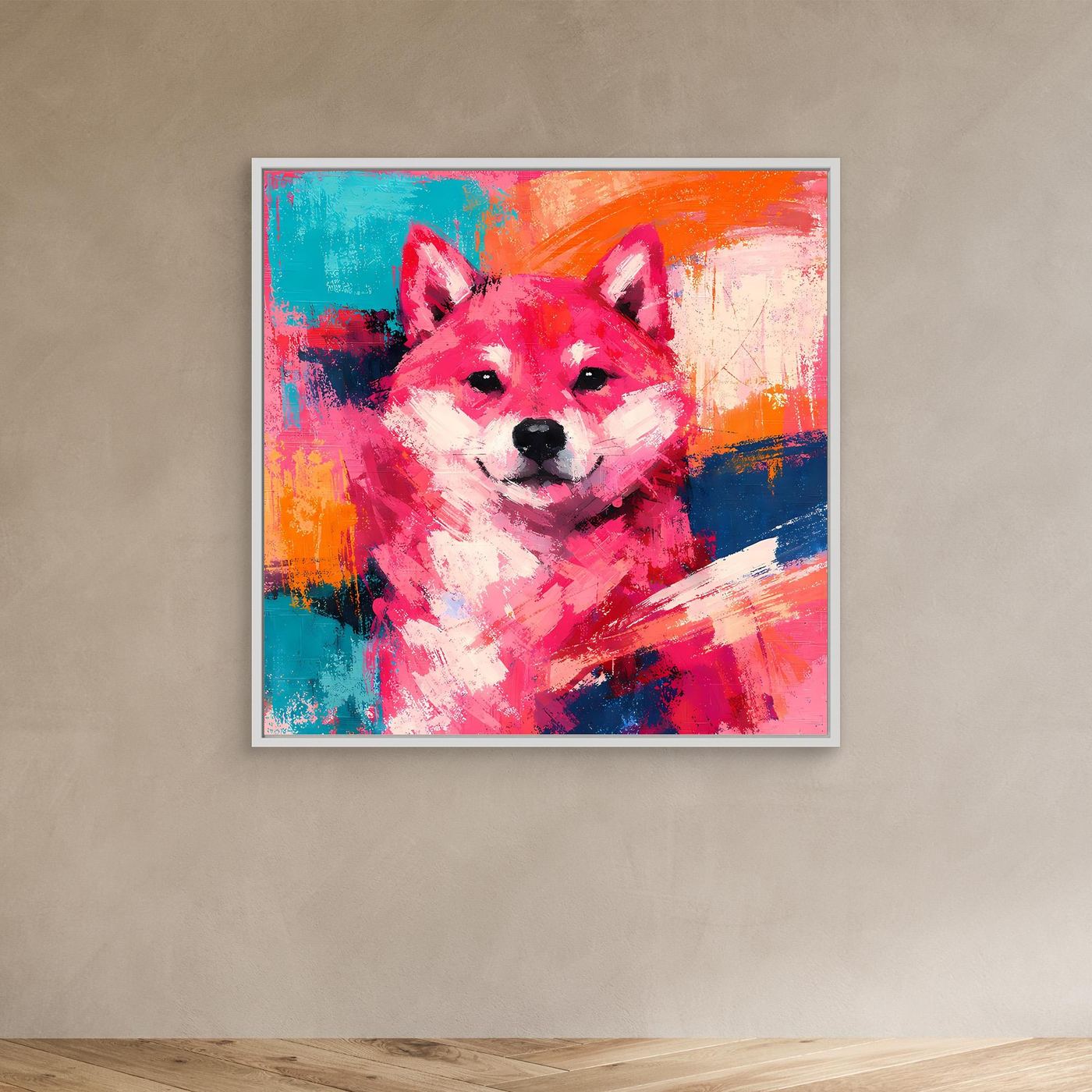 Shiba-Inu-Wandbild mit weißem Rahmen, Pop-Art-Porträt in Pink, Orange und Blau