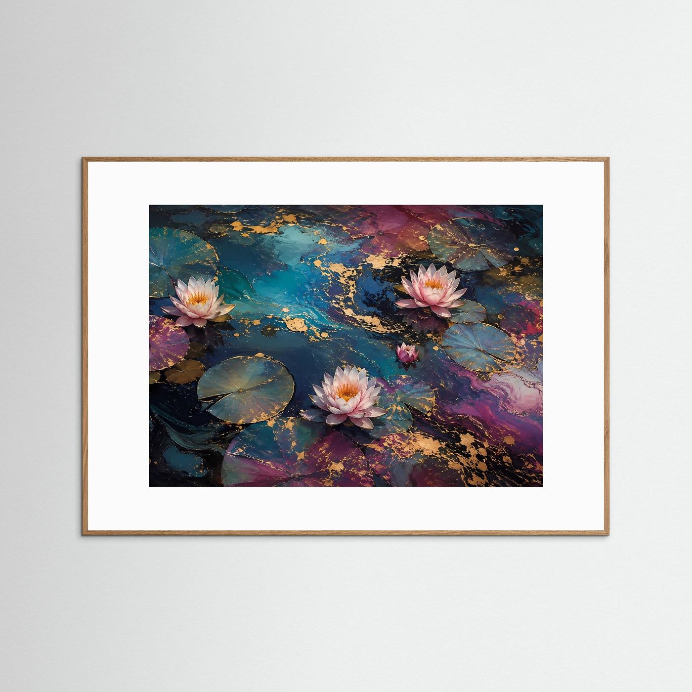 Lotusblüten auf Seerosenteich | Abstrakte Wasserkunst in Blau Gold | Elegantes Seerosen Wandbild | Luxuriöses Natur Poster | Premium Leinwand für Wohnzimmer