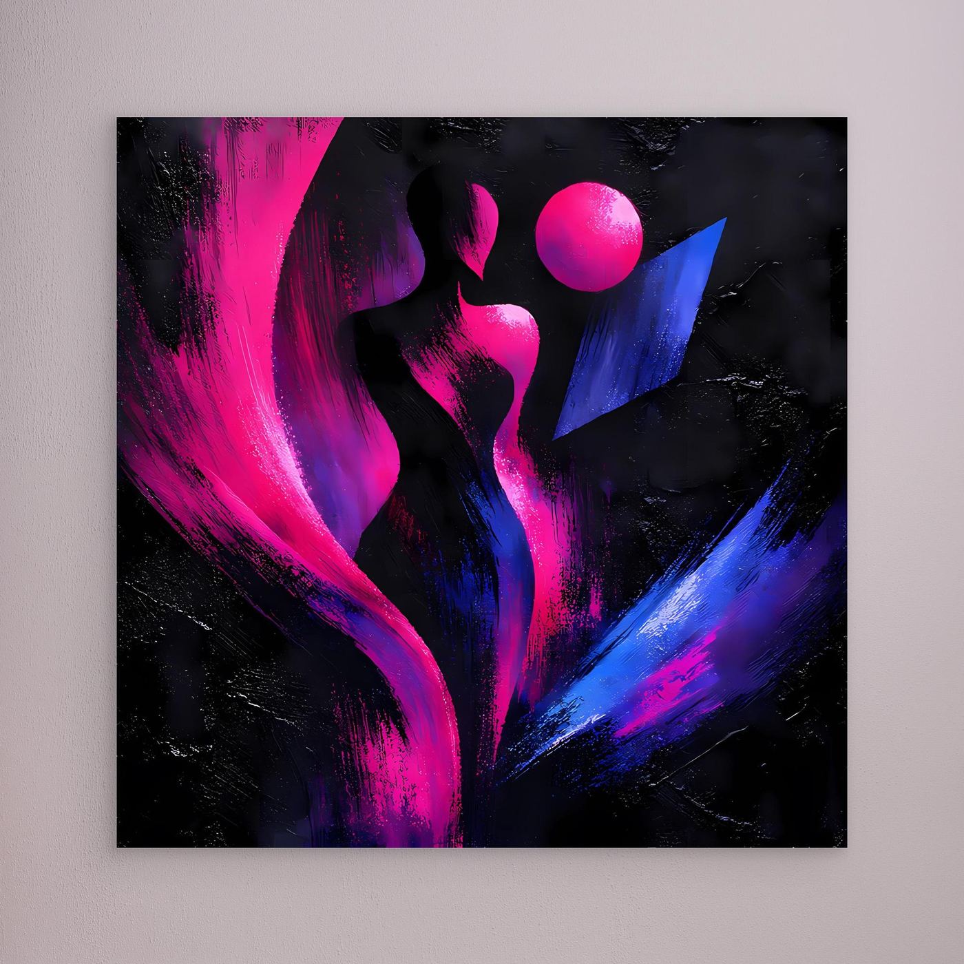 Leinwandbild mit abstrakter Silhouette in Neon-Pink und Blau, schwarze runde Elemente, ohne Rahmen