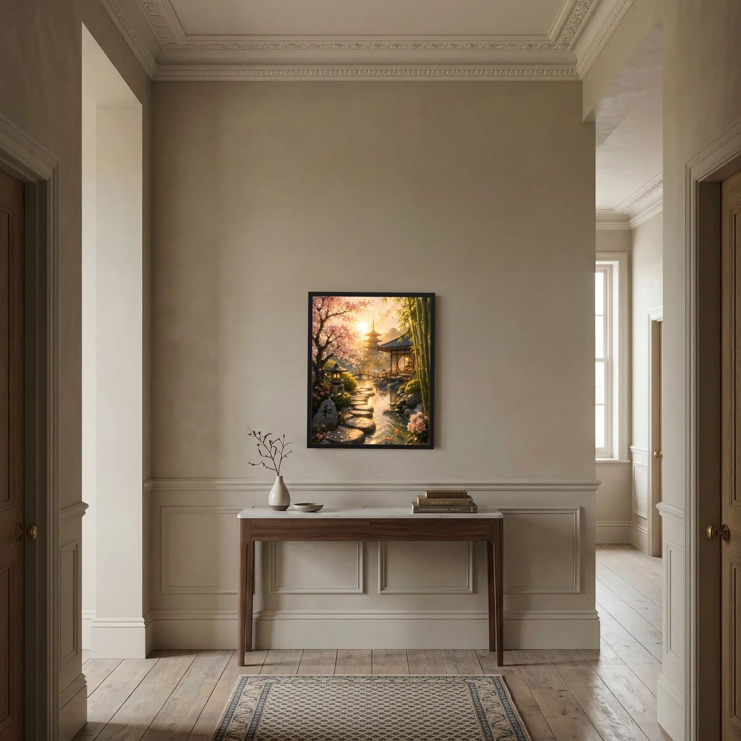 Hochformatiges Poster mit schwarzem Rahmen: Zen-Gartenlandschaft mit Kirschblüten und Steinen