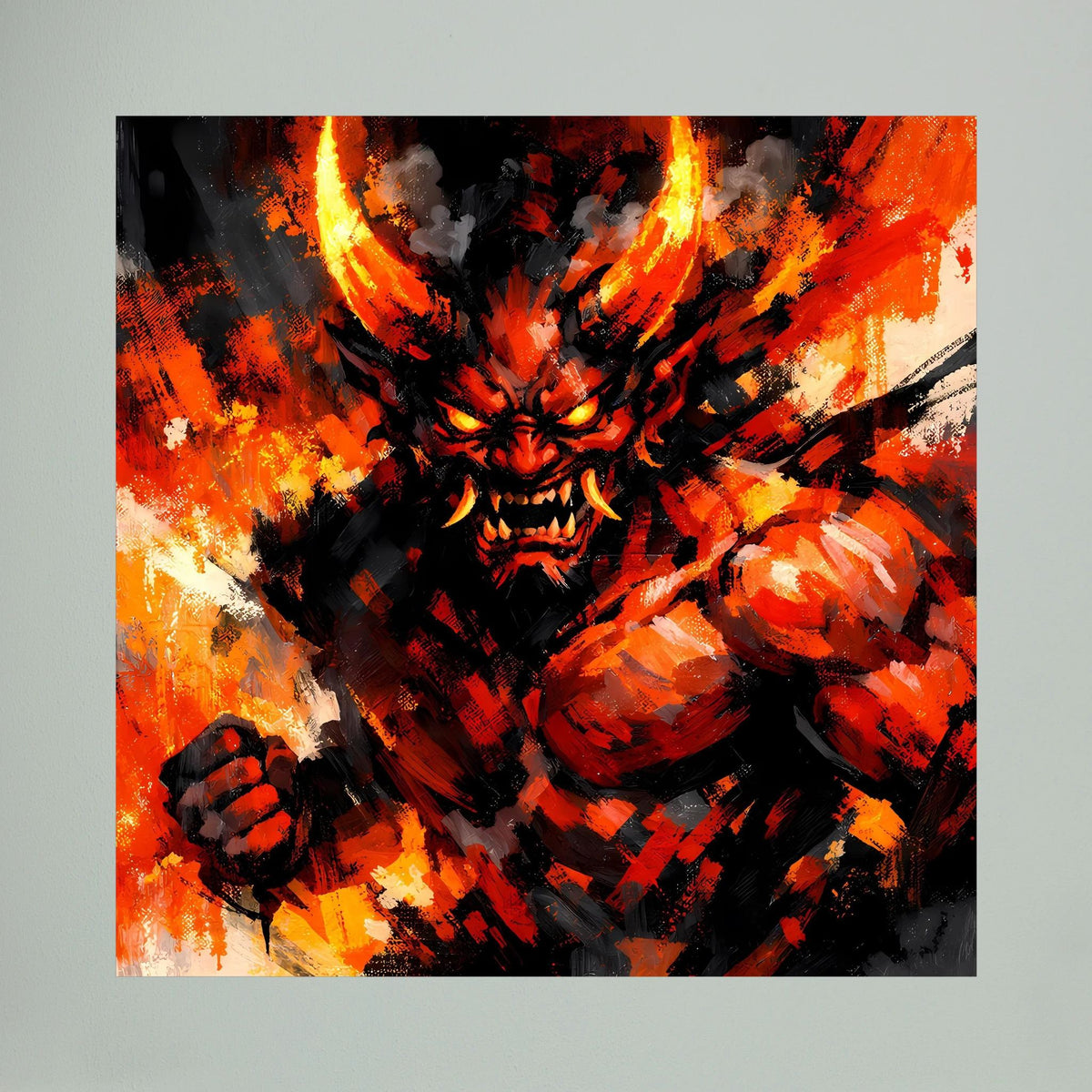 Leinwand-Wandbild, nah: Oni-Dämon mit Flammen und gebleckten Zähnen in Schwarz-Orange
