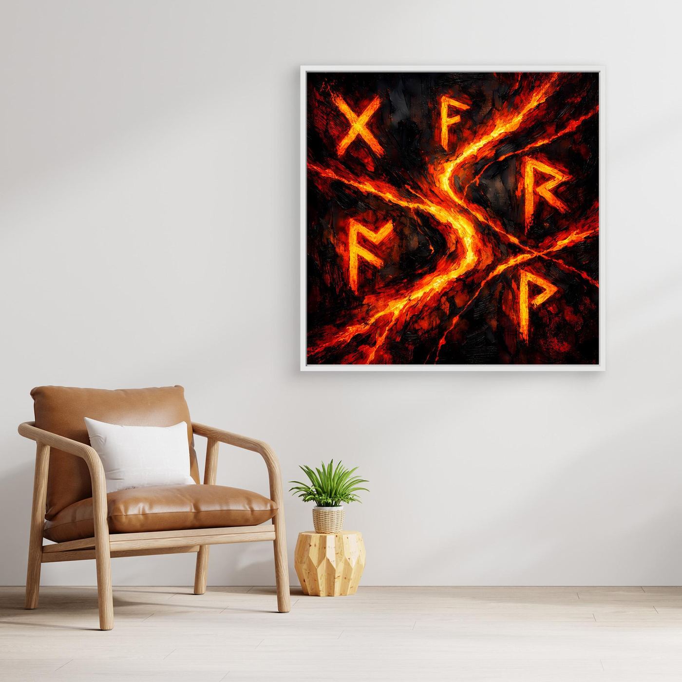 Leinwand-Wandbild mit Runen, Lavaflammen in Rot/Orange, dunkle Umrandung