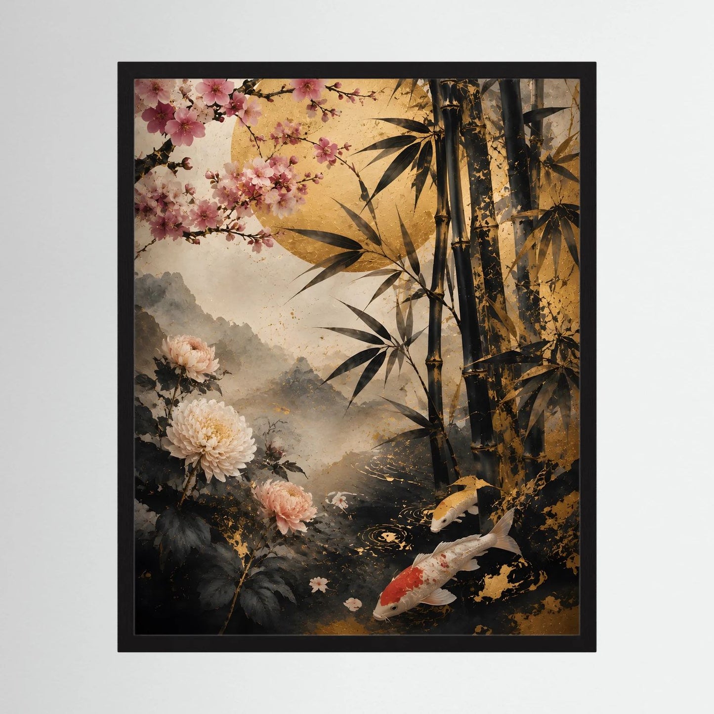 Gerahmtes japanisches Poster im Hochformat mit Koi, Bambus und Kirschblüten in Schwarz-Gold