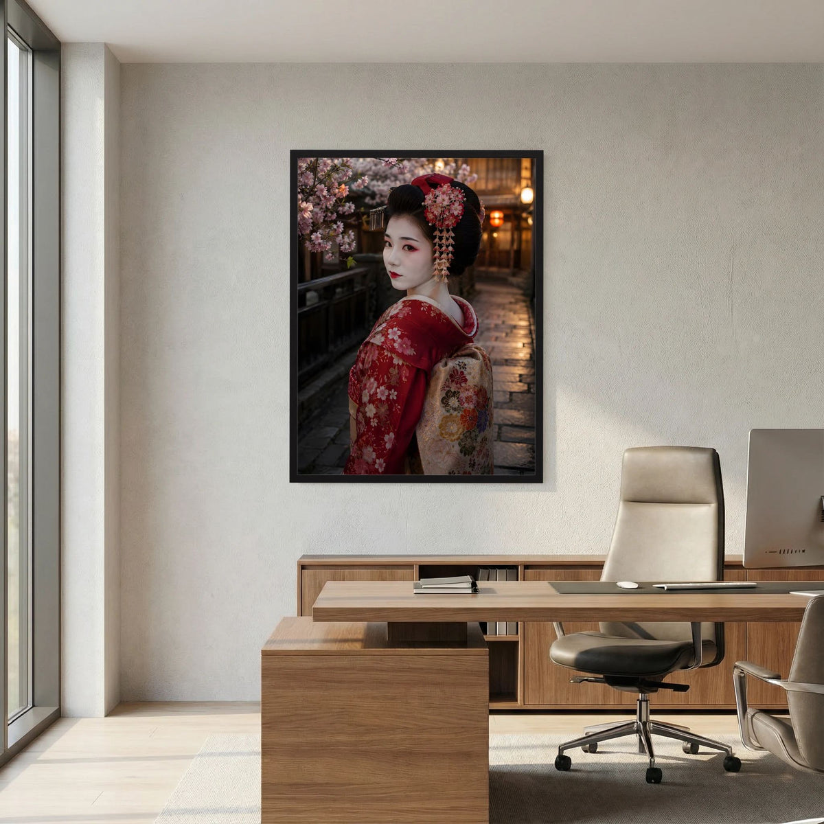 Poster mit japanischer Geisha im roten Kimono und Kirschblüten, Porträt geradeaus