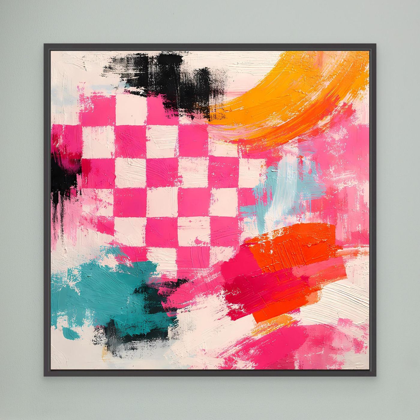 Abstraktes Leinwand-Wandbild mit Schachbrettmuster, pink-gelb-grün, schwarz gerahmt.