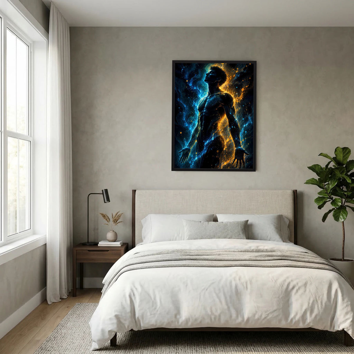Gerahmtes Poster mit männlicher Silhouette in Blau und Gold über dem Bett im Schlafzimmer.