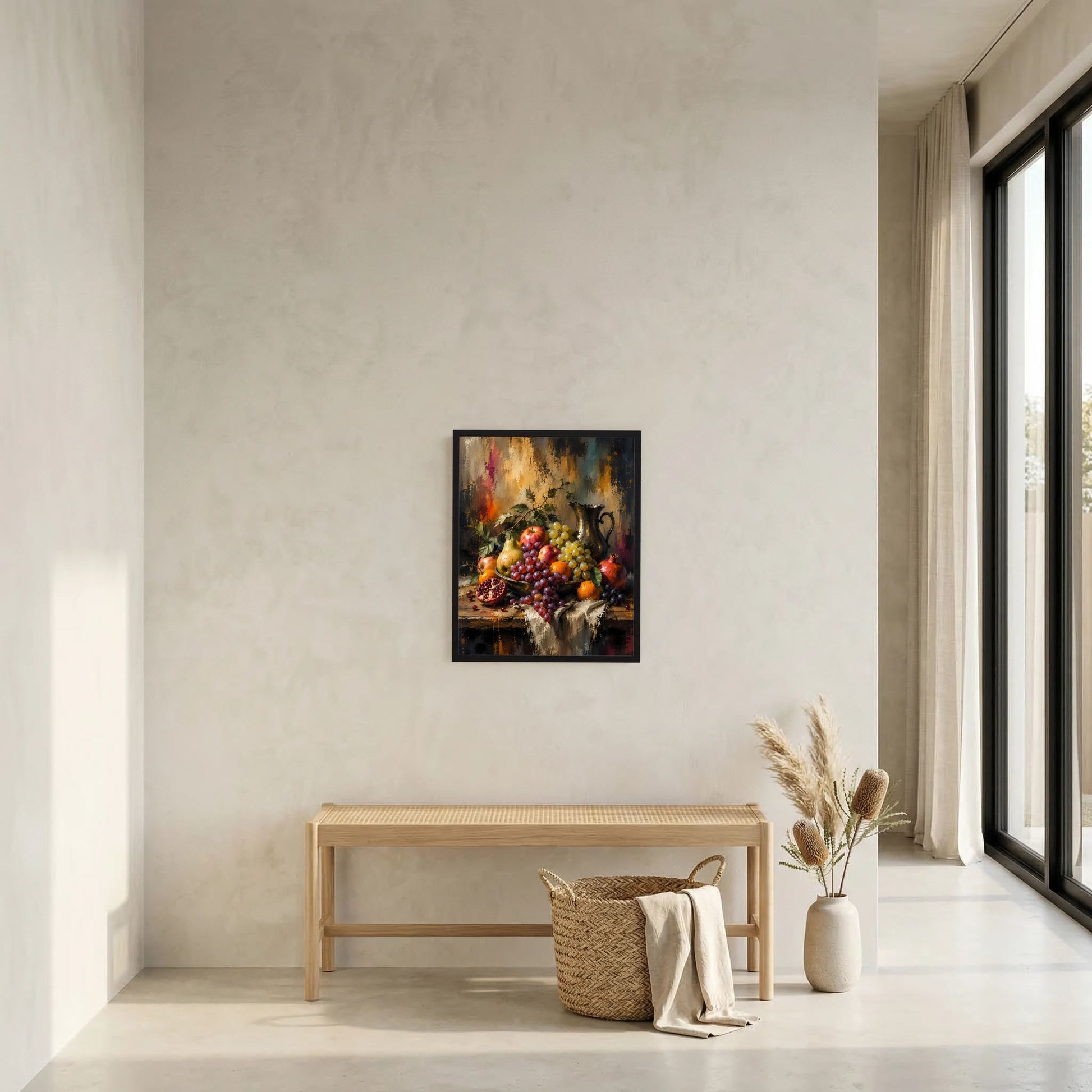 Kleines, gerahmtes Kunstposter mit Obststillleben: Trauben, Granatapfel und Äpfel