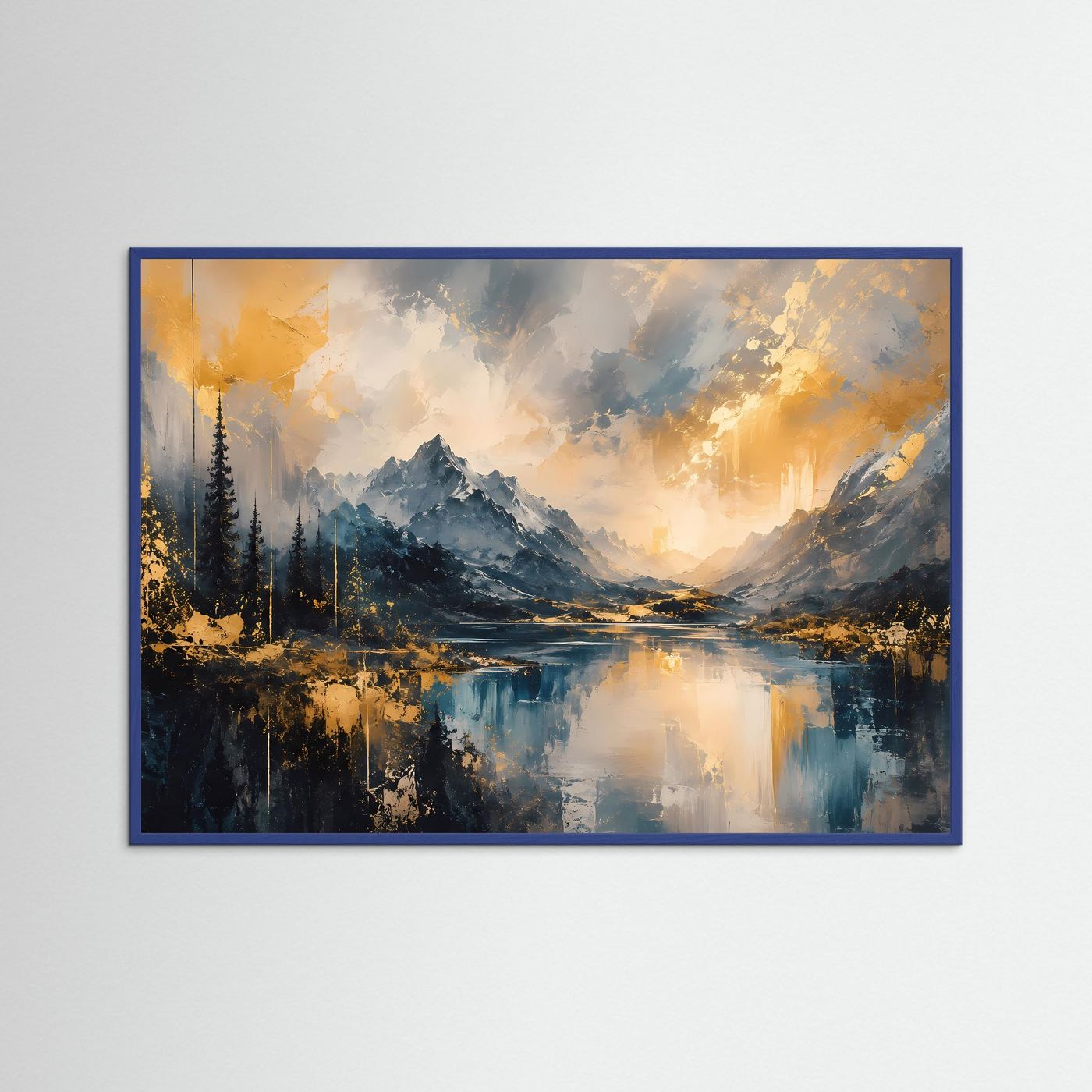 Abstrakte Berglandschaft in Blau & Gold | Modernes Natur Kunst Poster