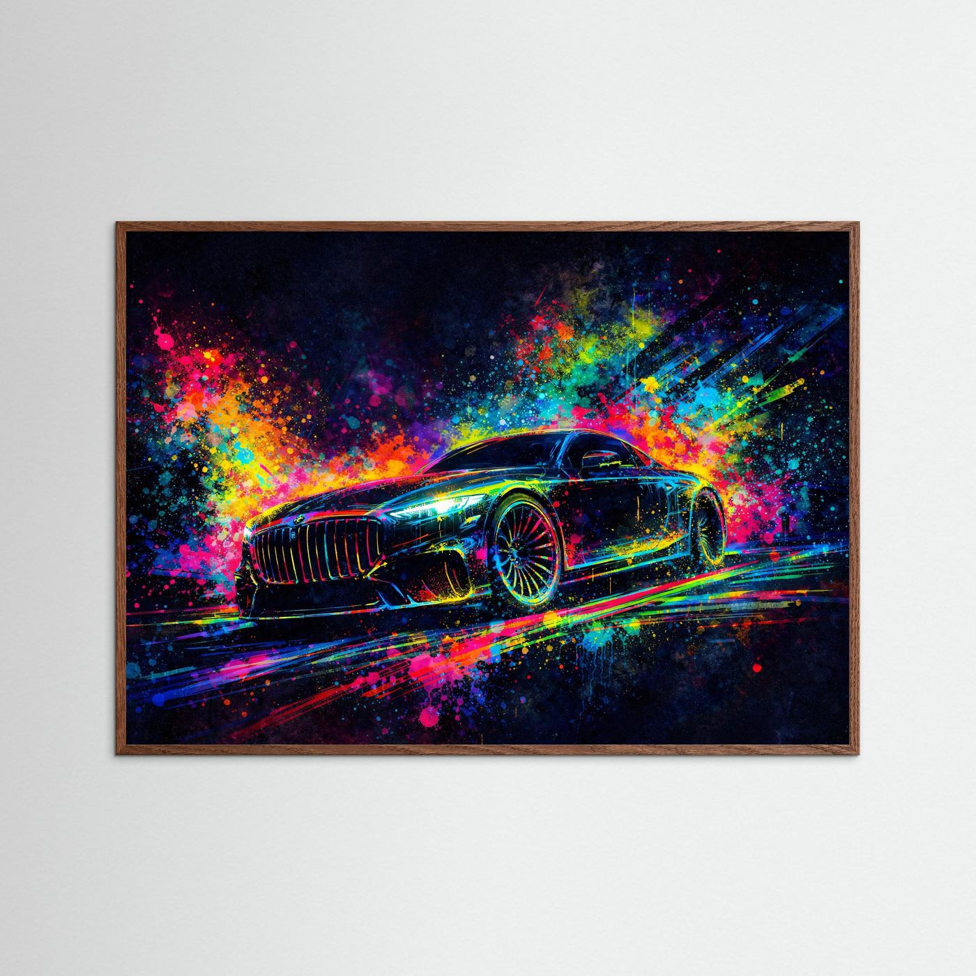 Wandbild mit abstraktem Neon-Sportwagen, braun gerahmt, Querformat mit neonbunten Effekten