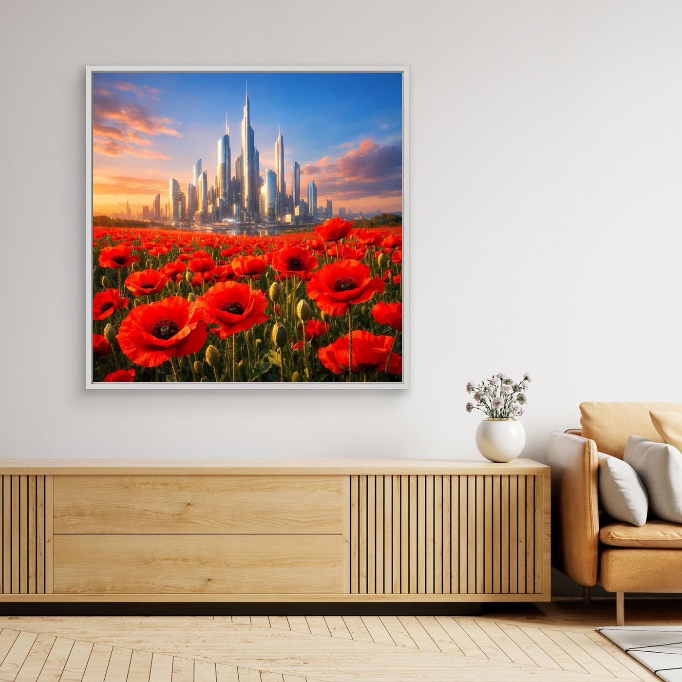 Leinwandbild mit rotem Mohnfeld und futuristischer Skyline im Abendhimmel, silberner Rahmen