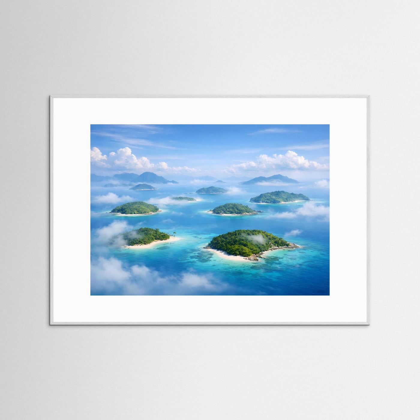Wandbild mit tropischem Inselparadies, türkisblaues Meer, weißer Rahmen