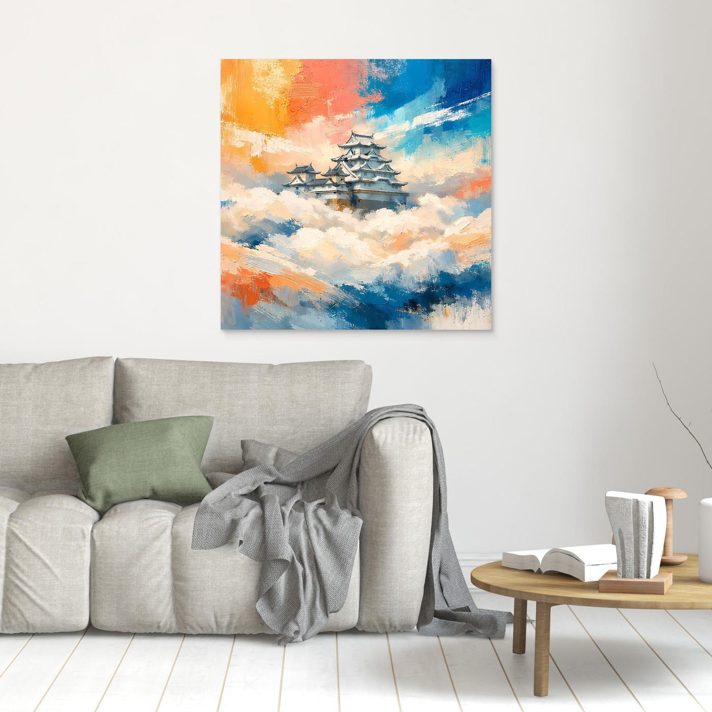 Leinwand Traditionelle Japanische Burg über den Wolken | Fernöstliches Wandbild auf echter Leinwand
