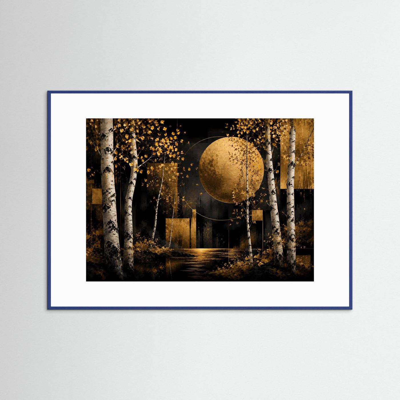 Abstraktes Querformat-Poster mit goldener Kugel und Birken im dunklen Wald, blauer Rahmen