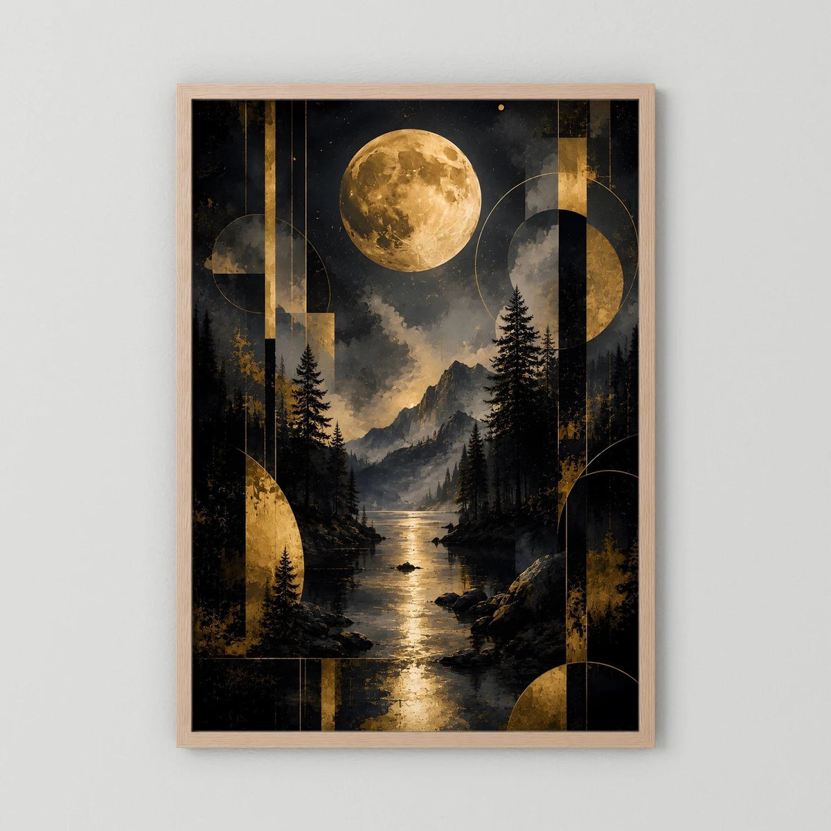 Gerahmtes Hochformat-Poster mit goldener Vollmond-Landschaft, Bergen, Tannen und Fluss