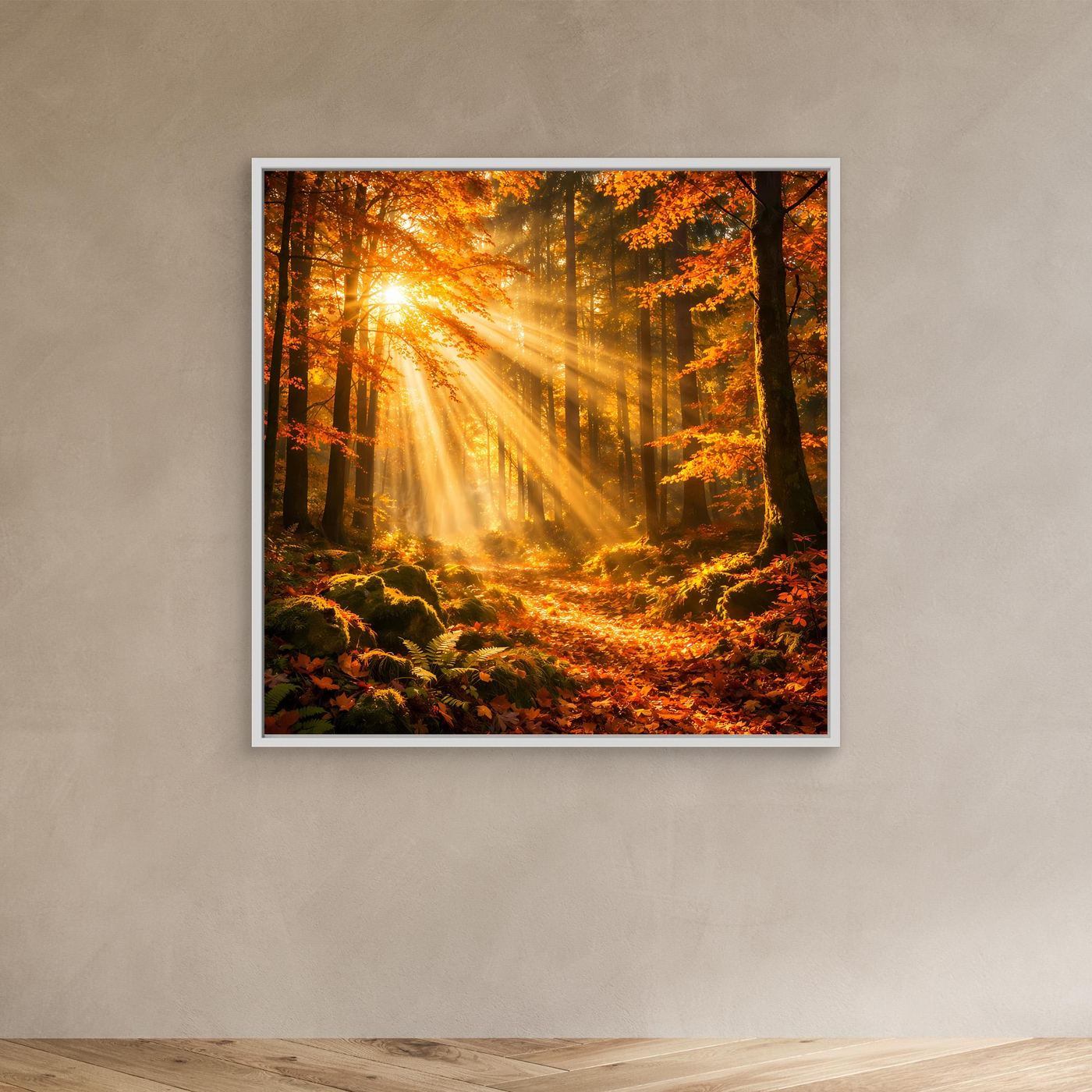 Leinwandbild Herbstwald-Motiv im weißen Rahmen mit warmen Lichtstrahlen durch Bäume