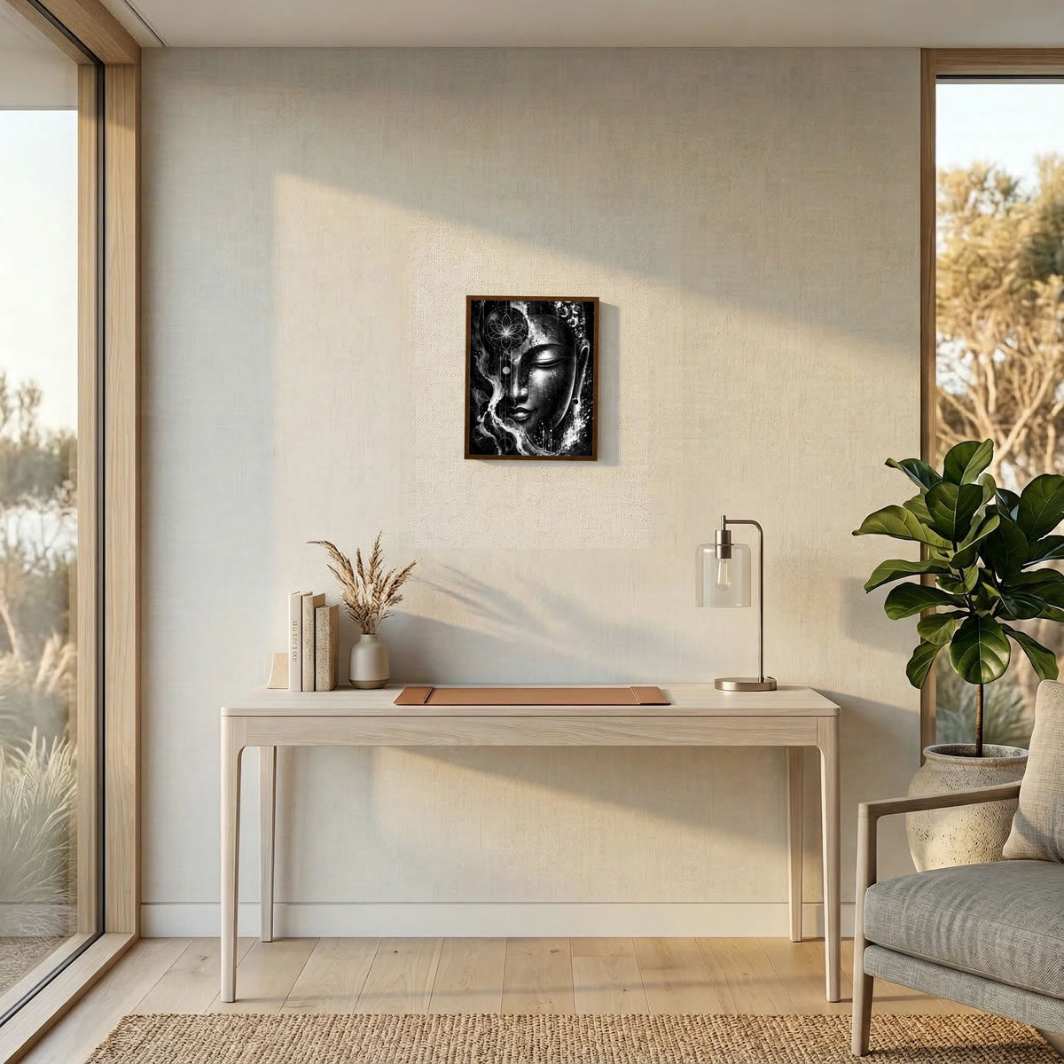 Gerahmtes Hochformat-Poster mit Buddha-Gesicht in Schwarzweiß, schwarzer Rahmen