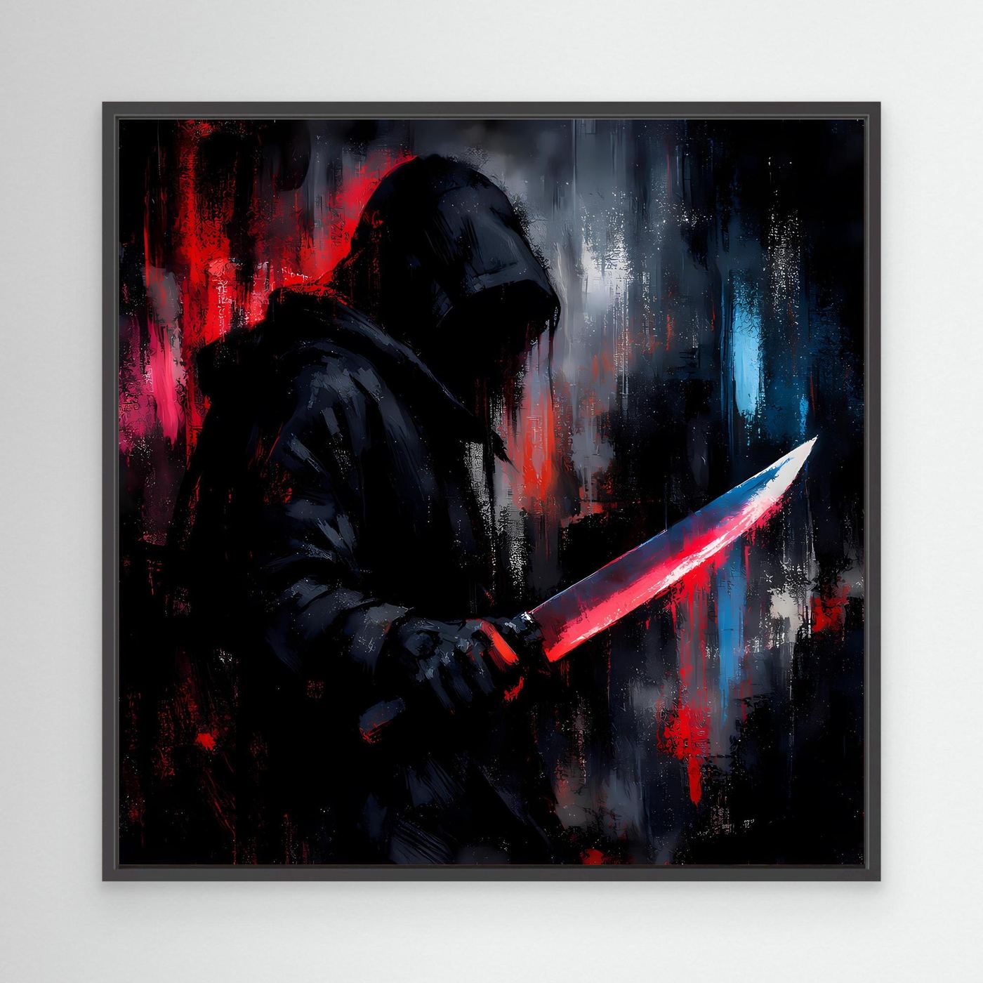Wandbild mit schwarzem Rahmen: Schattenkrieger mit Kapuze, rotes Lichtschwert; neonfarbene Farbflächen.