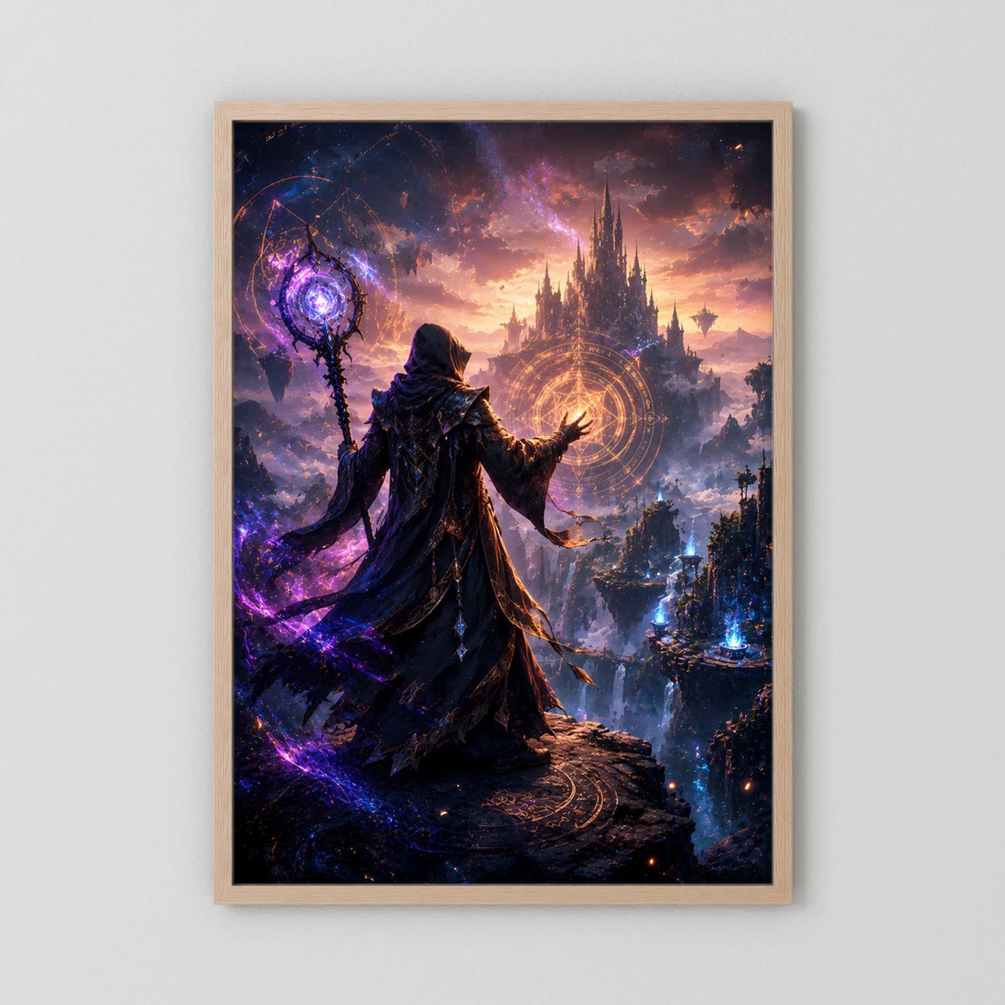 Kunstposter im Hochformat im Holzrahmen: Magier mit Stab vor mystischer Burg, violettes Licht