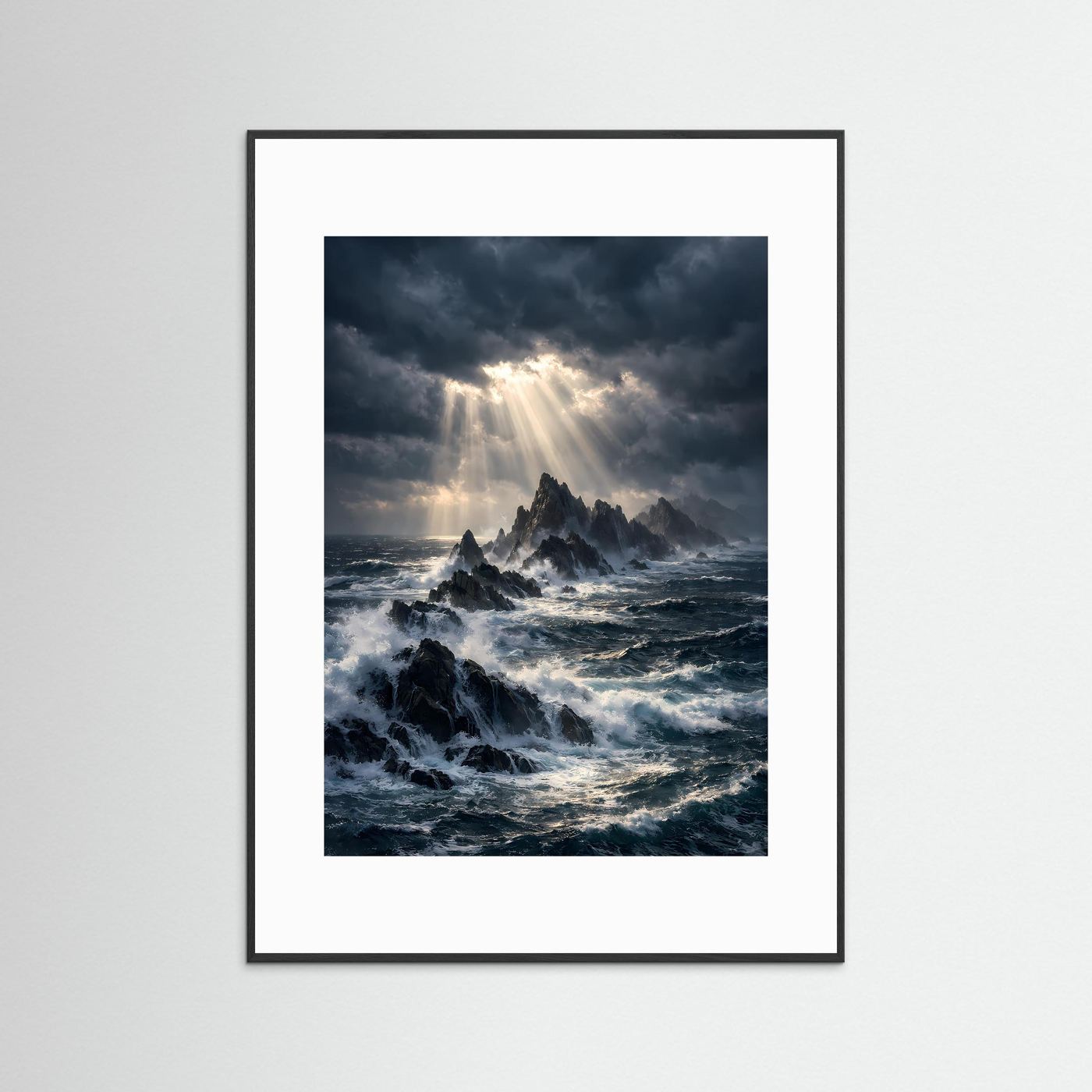 Hochformat-Ozeanposter mit Klippen, Lichtstrahlen und tobender See im schwarzem Rahmen mit Passepartout