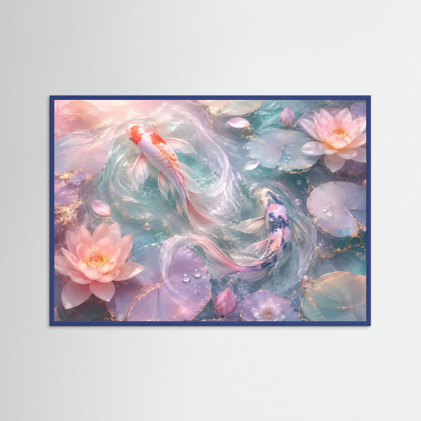 Koi-Karpfen & Lotusblüten in Pastell | Elegante Zen-Wandkunst mit Goldakzenten
