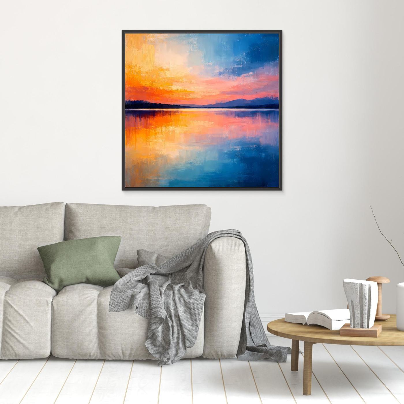 Abstraktes Wandbild: Spiegelung am See bei Sonnenuntergang, blau-orange Farbflächen