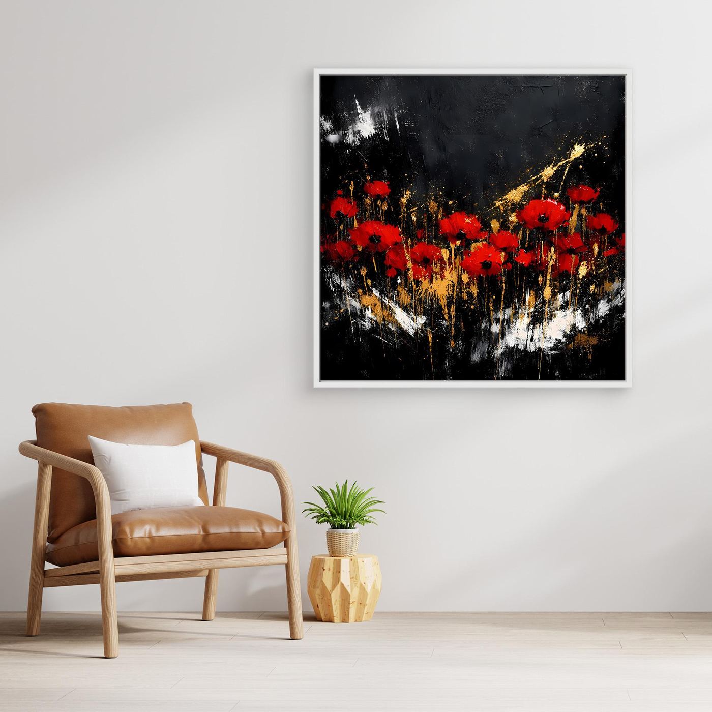 Leinwand Rote Mohnblumen mit Gold-Akzenten | Modernes Florales Wandbild Abstrakt