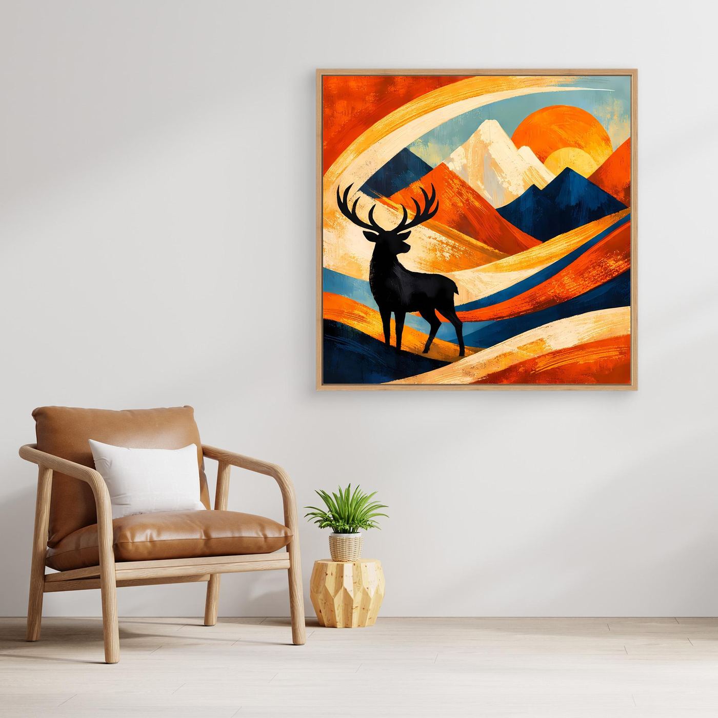 Leinwandbild mit abstrakter Berglandschaft und Hirsch, mit goldfarbenem Rahmen