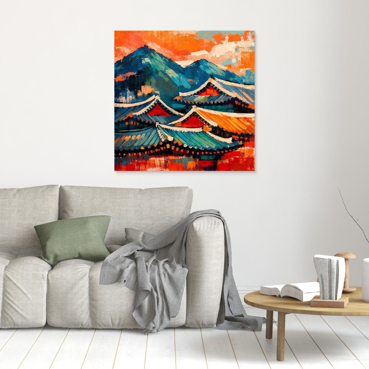 Rahmenloses Leinwandbild mit asiatischen Dächern und Bergen in orange-blau