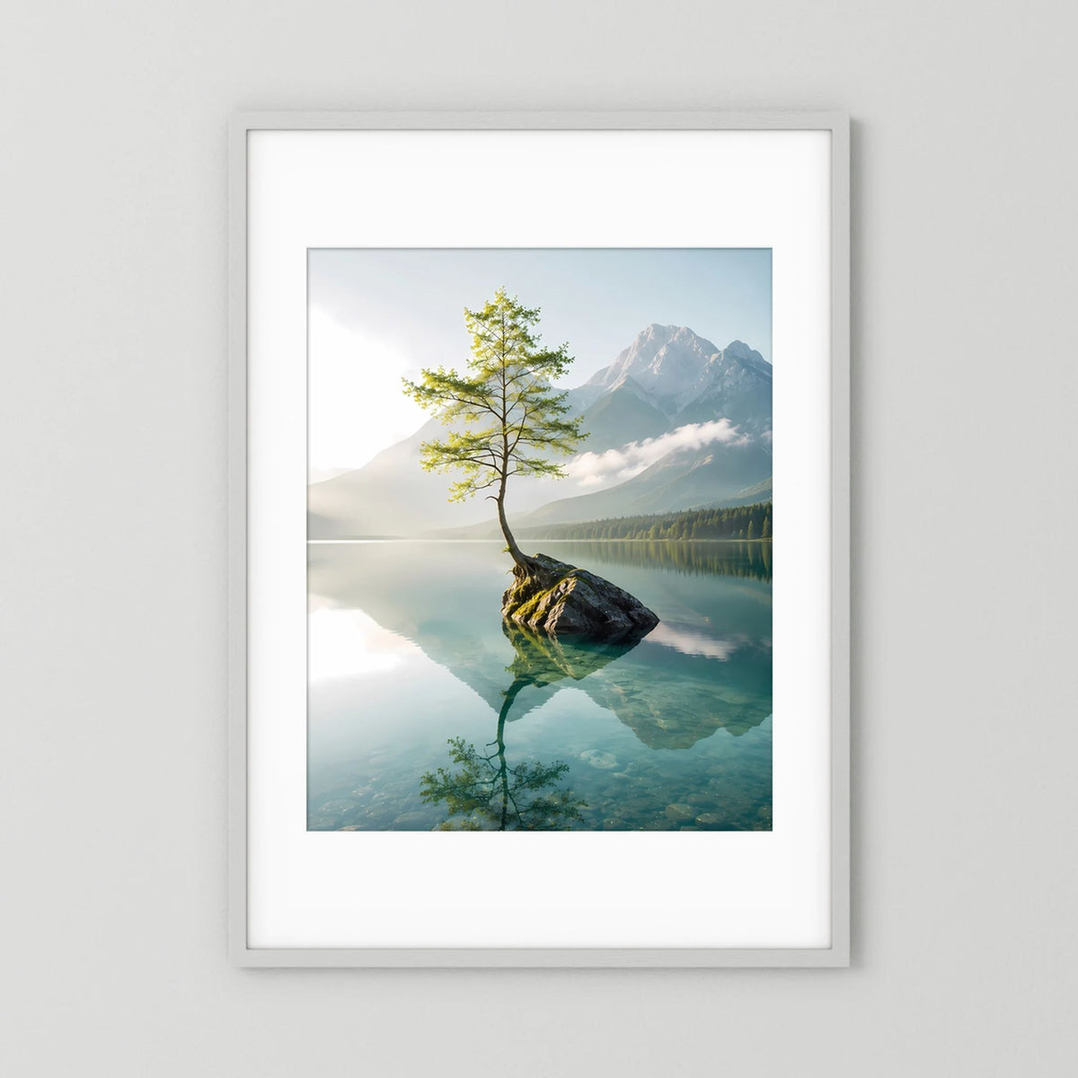 Baum im Bergsee | Stille Berglandschaft mit Spiegelung | Poster Hochformat